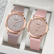 2-piece women's quartz watch set with rose-gold cases, glittery pink dials, and pink mauve leather bands by Simples Market