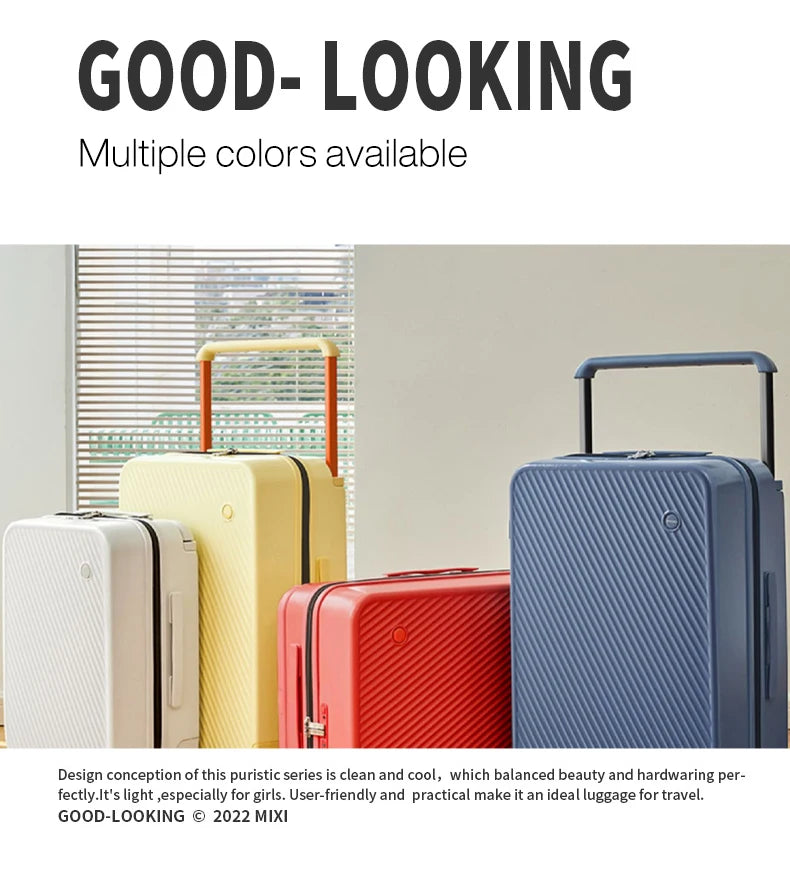 Mixi wide-handle hardside luggage set: four polycarbonate suitcases in blue, red, yellow, and white with spinner wheels