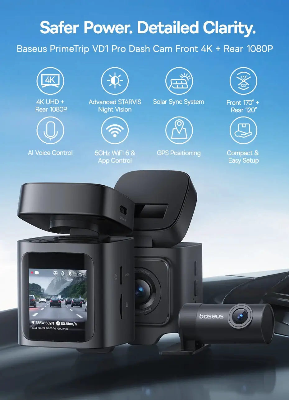 Baseus 4K dash cam VD1 Pro front and rear UHD car camera system with Sony sensor, WiFi6.