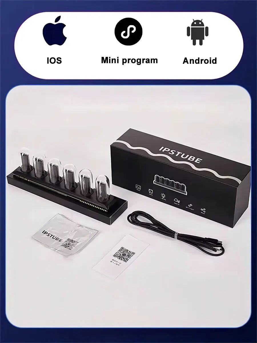 RGB Nixie Tube Clock kit with glass tubes on a black base; IPSTUBE packaging, USB cable and manuals