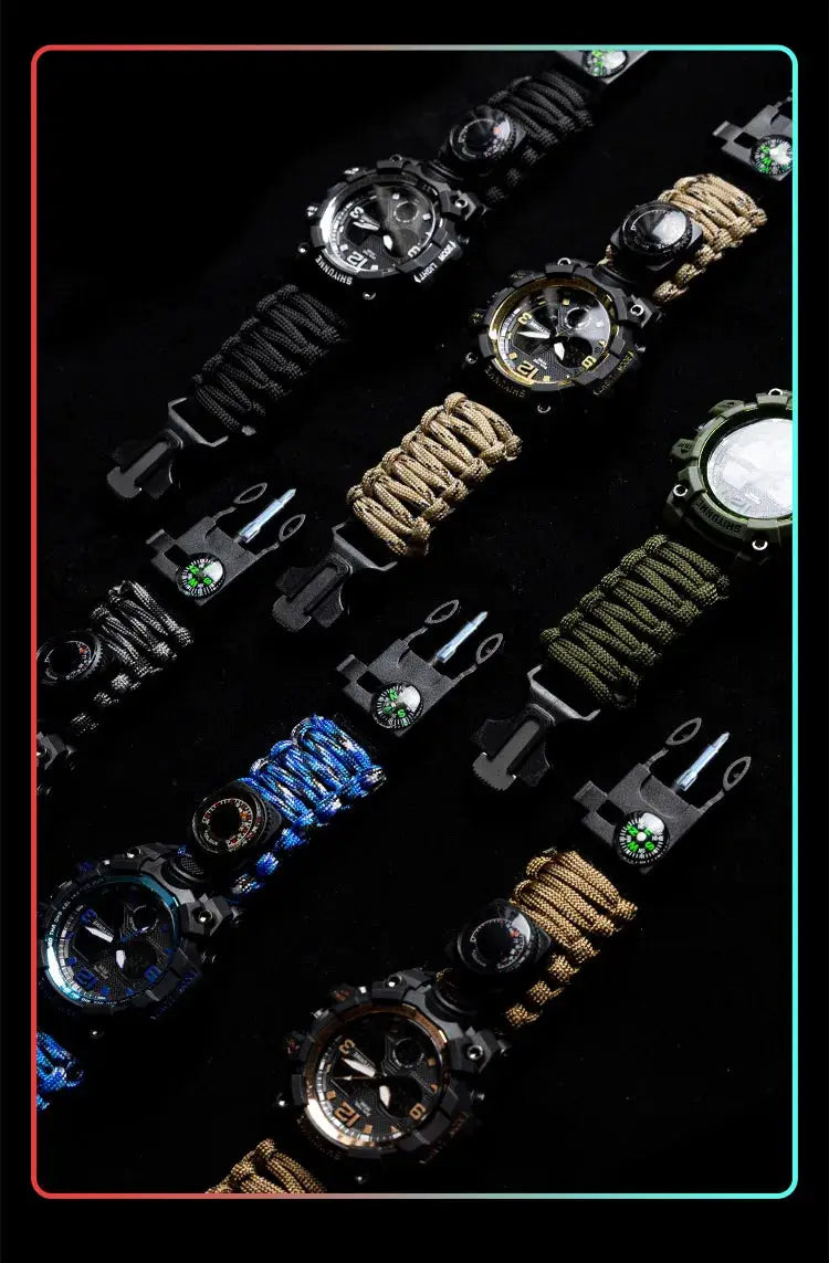 Men's military-style digital watches with paracord bands, compasses and waterproof design; set of 9.