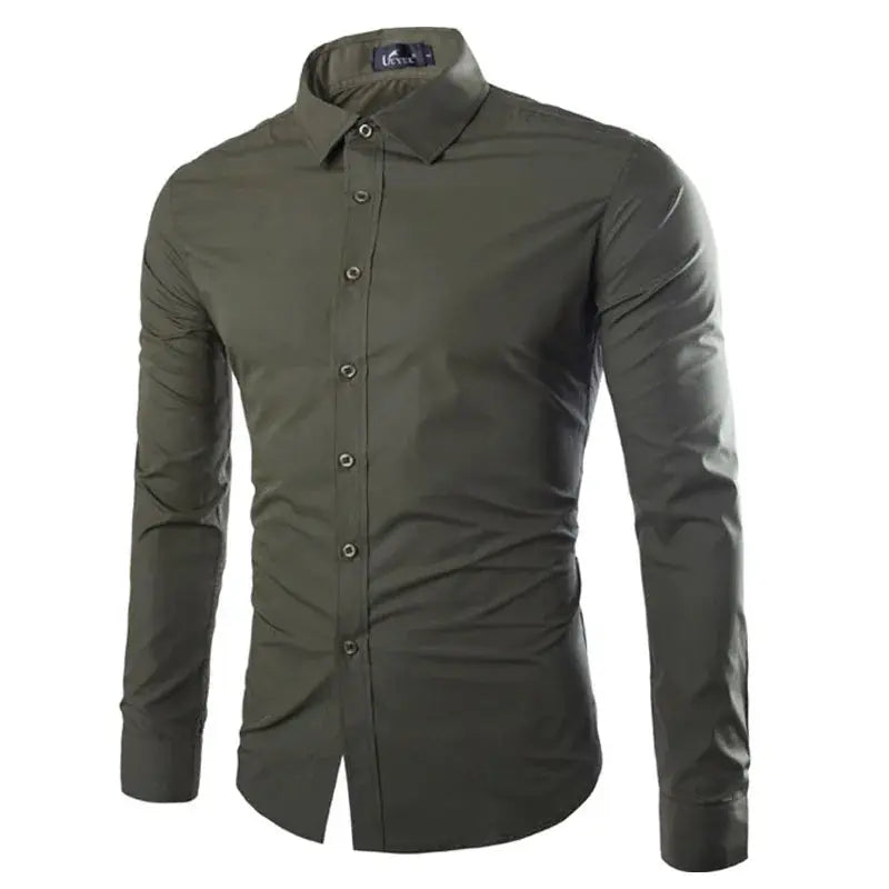 Simples Market men's olive green solid long-sleeve button-down shirt for casual wear