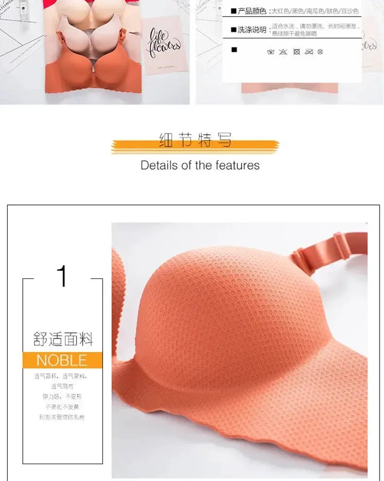 Extreme push-up bra in orange with 8cm thick pads, wireless double cups, textured soft fabric