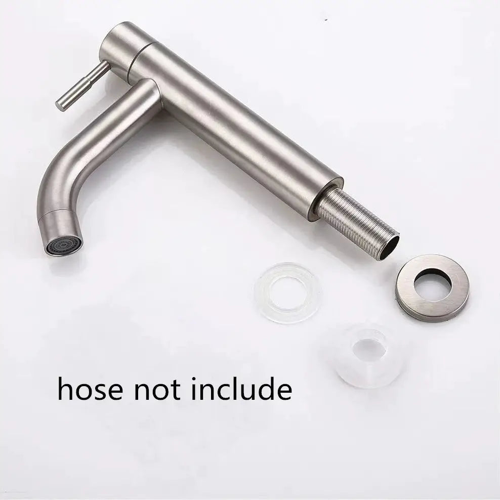 Stainless steel single-handle basin faucet with curved spout; deck-mounted, silver finish; hose not included.