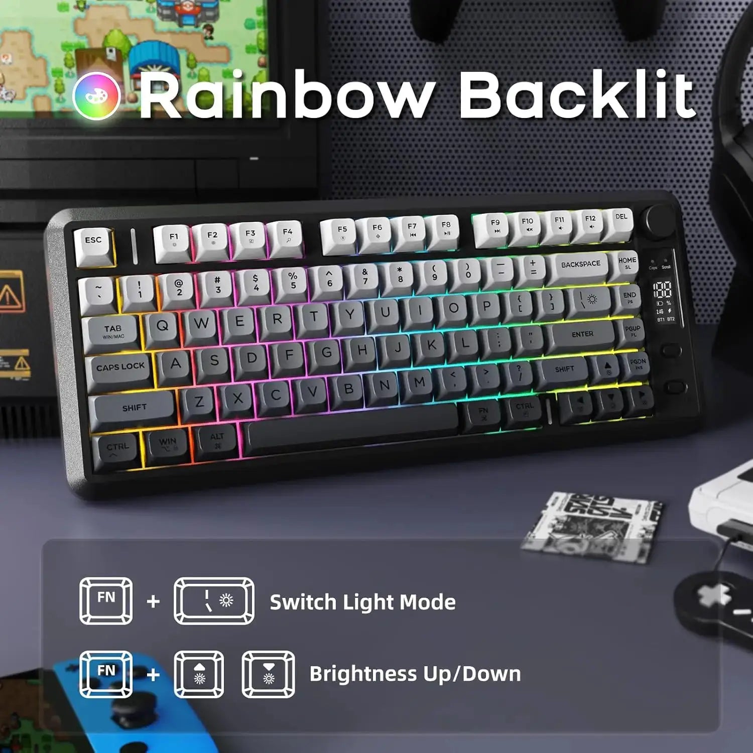 ATTACK SHARK M75 wireless membrane gaming keyboard with rainbow backlit, knob and OLED display by Simples Market.