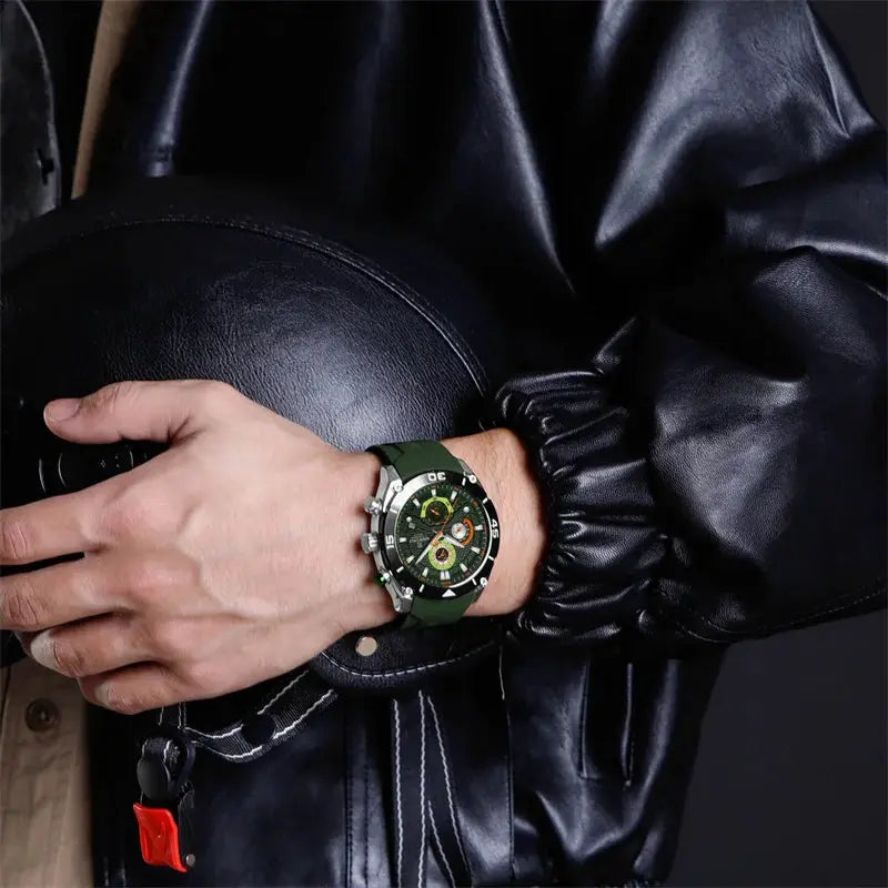 NAVIFORCE men's sport watch with green strap, silver case, and chronograph dial.