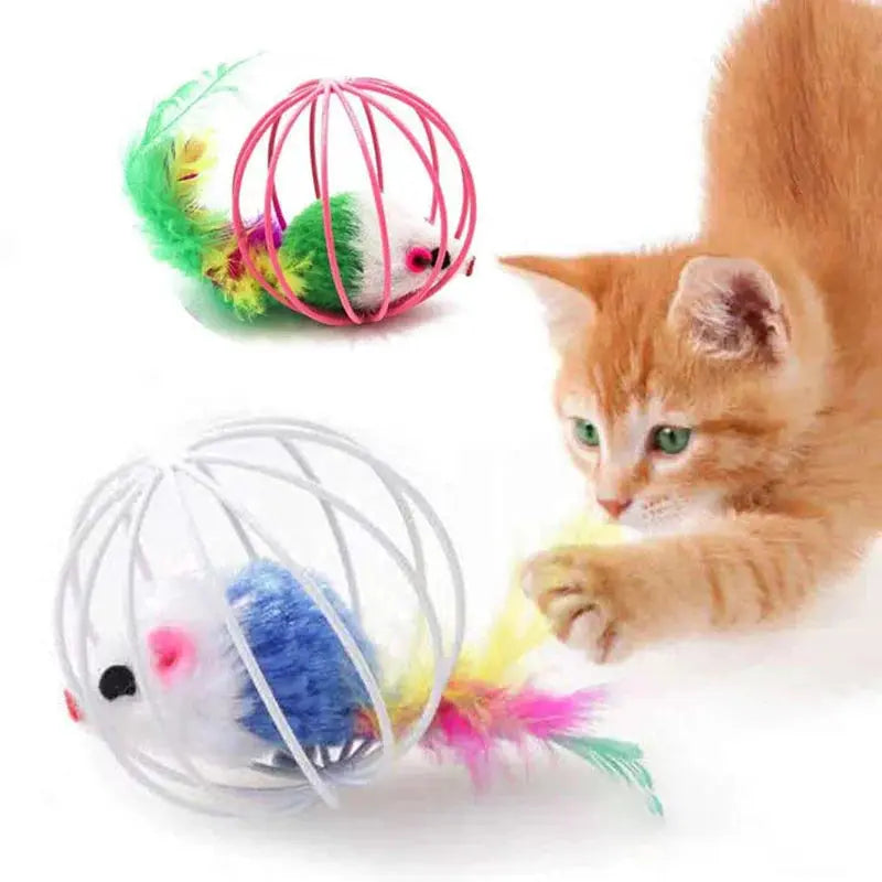Colorful mouse-in-a-cage cat toy set with feathered mice; two spherical cages in pink and white