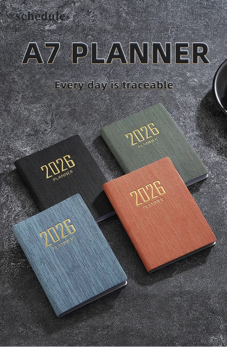A7 planner; four mini pocket planners in black, green, blue and orange with gold 2026 embossing, 64 sheets 128 pages.