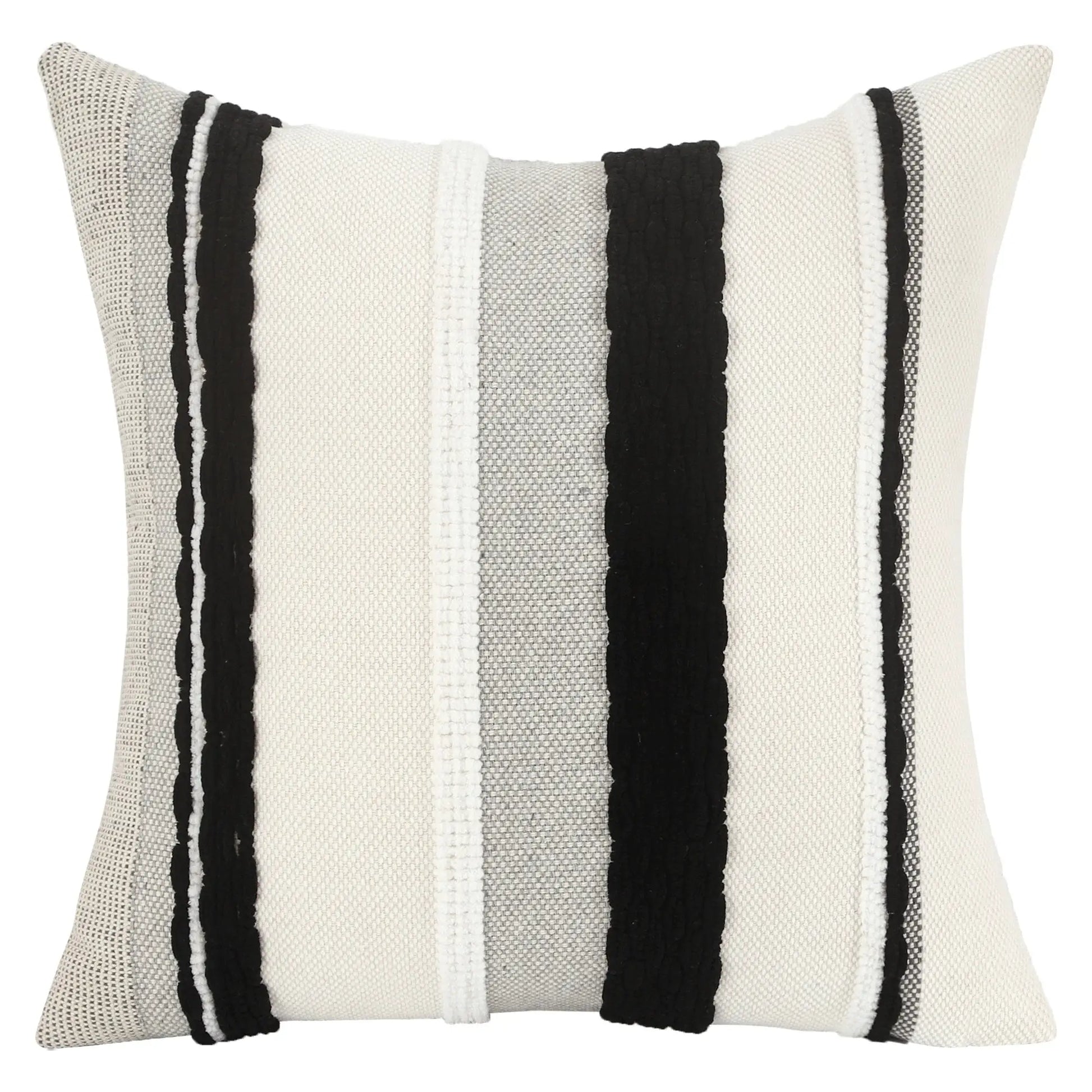 Simples Market 18x18 inch boho striped chenille pillow cover in cream with black vertical stripes, single cushion cover