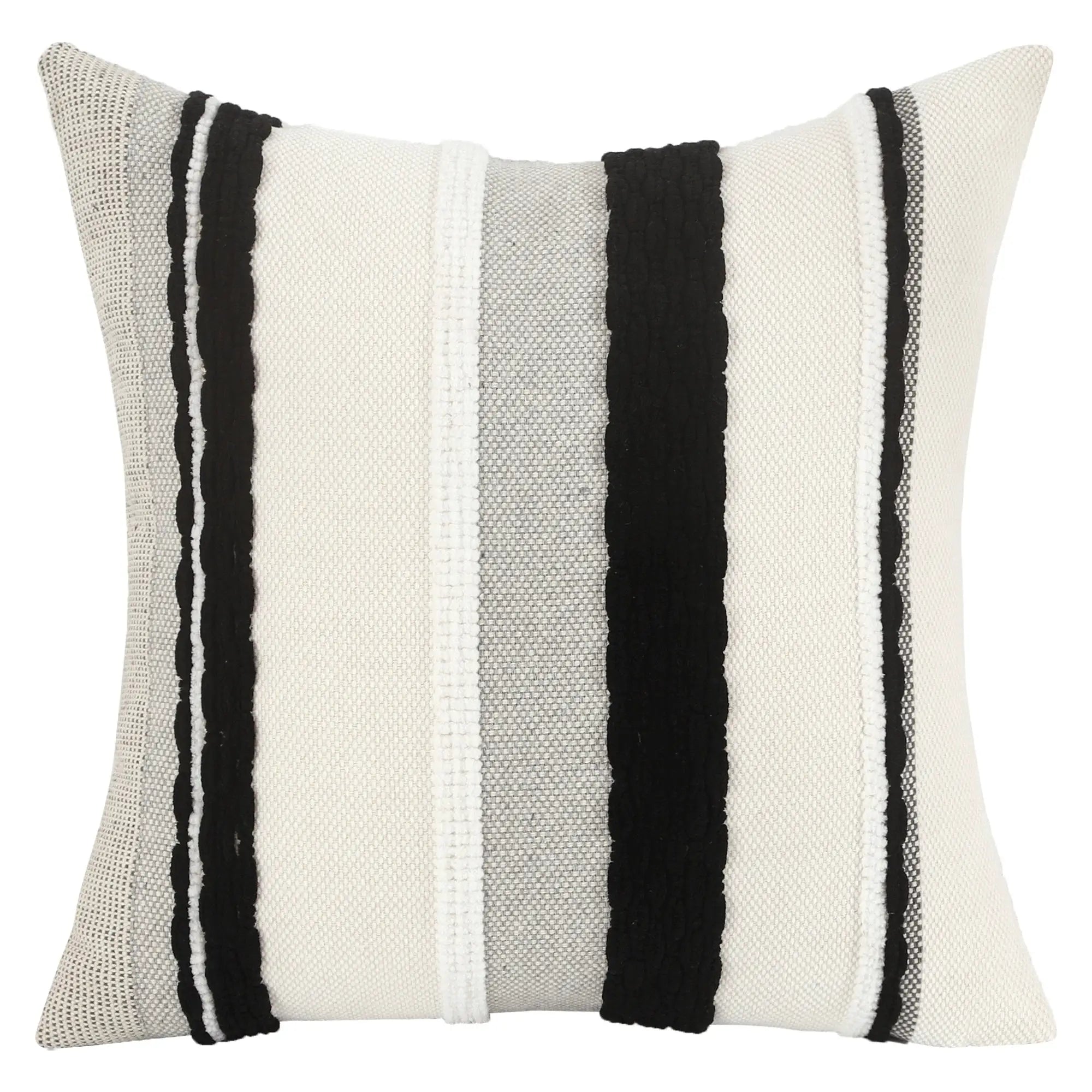 Simples Market 18x18 inch boho striped chenille pillow cover in cream with black vertical stripes, single cushion cover