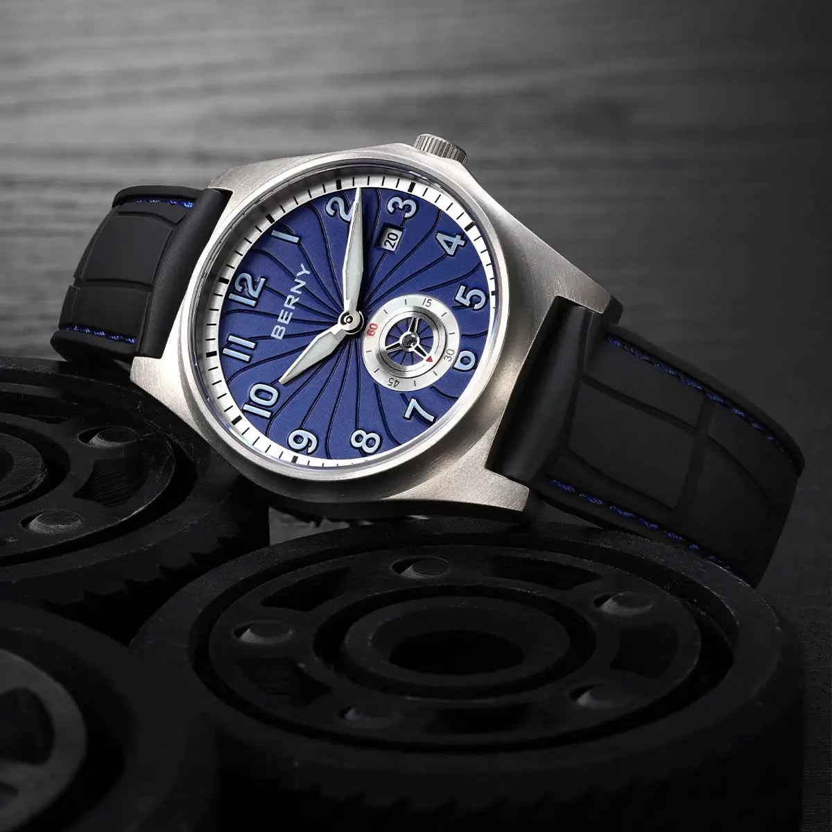 BERNY titanium automatic men’s watch with blue dial, date at 3, seconds subdial, sapphire crystal, black rubber strap