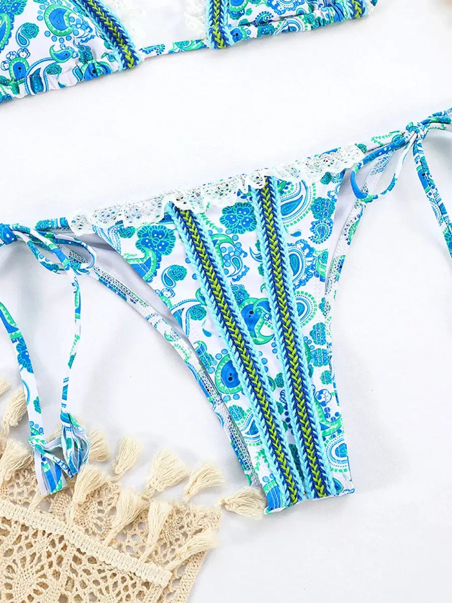 Bikini bottom from Simples Market two-piece set in blue-green paisley print with lace trim and side ties