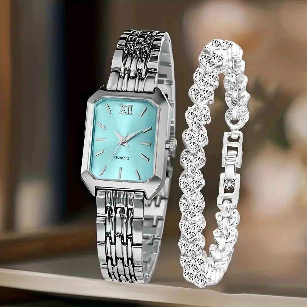 3-piece women's silver-tone rectangle quartz watch with turquoise dial and two rhinestone bracelets