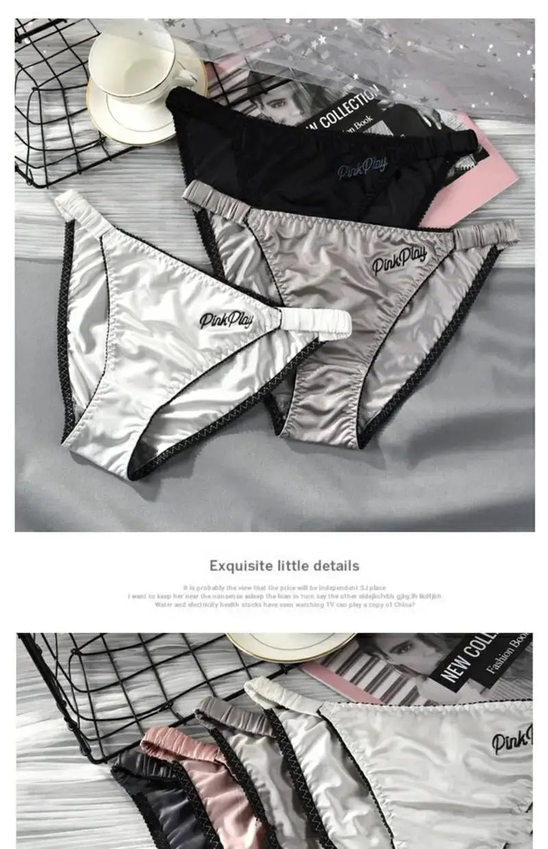Girls satin panties set, 5-pack with PinkPlay embroidery and elastic waistbands; black, gray, pink, and silver tones.