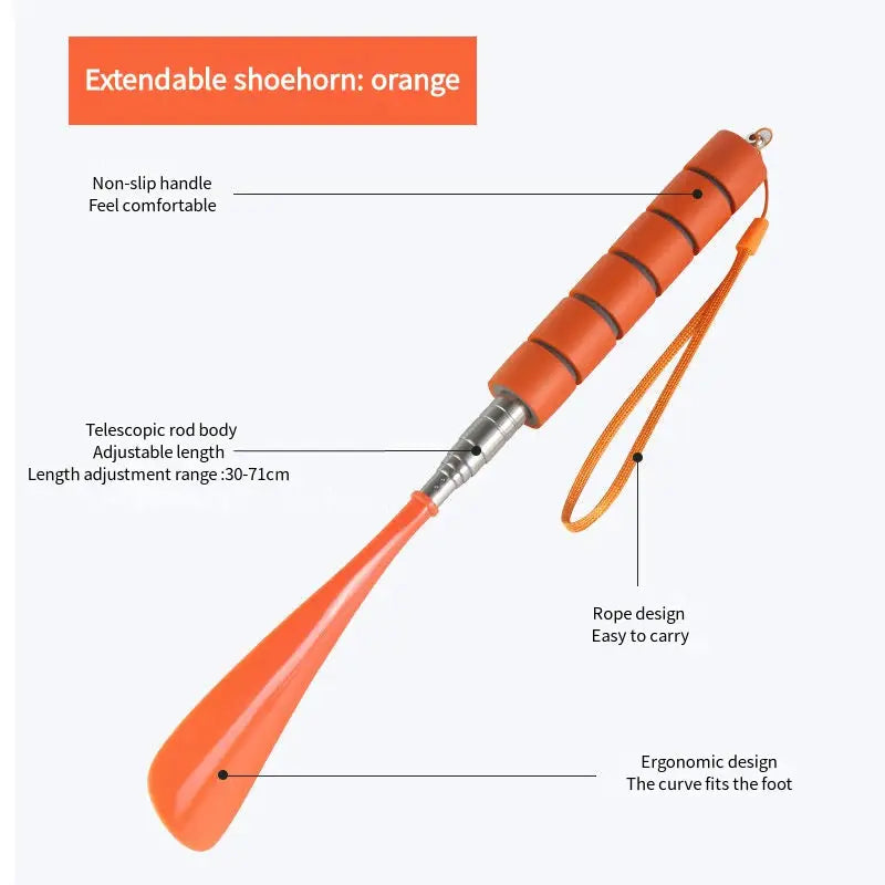 Simples Market extendable orange shoehorn, 30–71 cm telescopic metal shaft with rope carry, non-slip ergonomic head.