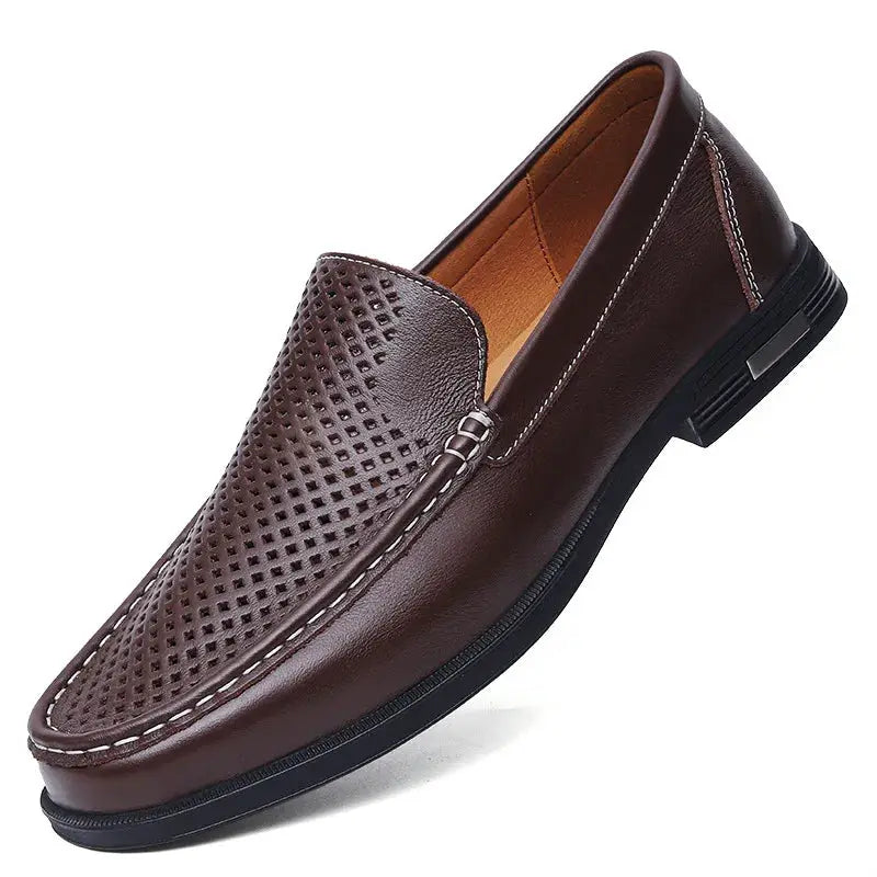 Leather men's slip-on dress shoe in brown with perforated vamp, Simples Market.