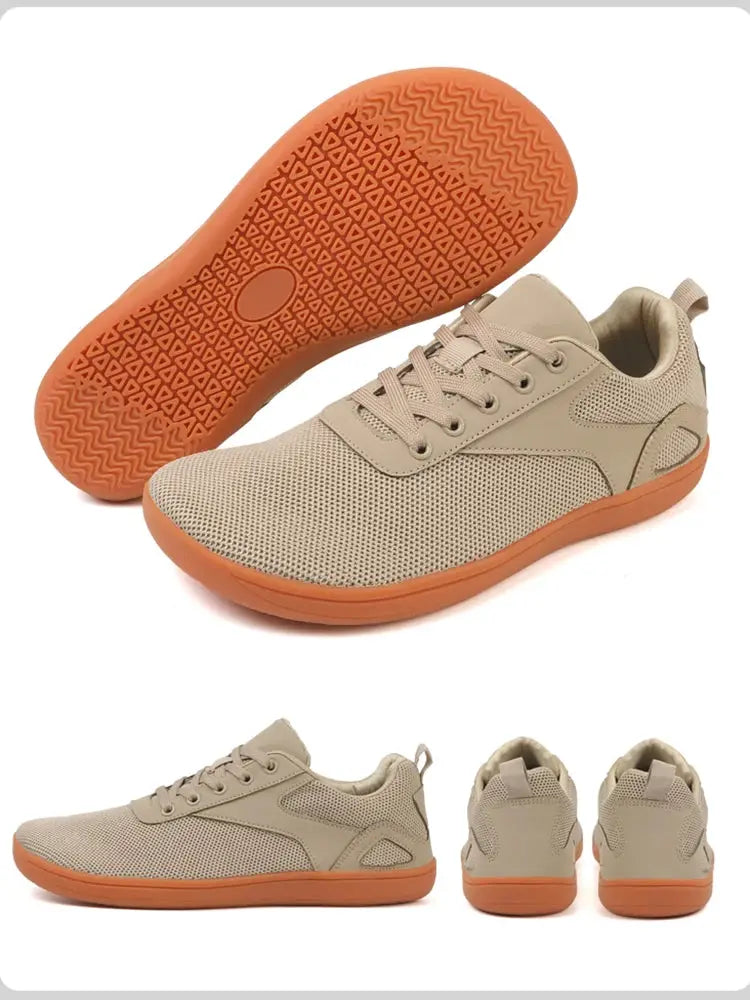 Wide-toed casual shoes pair with beige mesh upper and orange sole