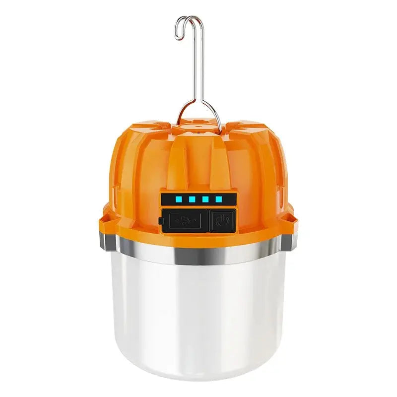 Orange 500W LED camping lantern with hanging hook and USB rechargeable power display
