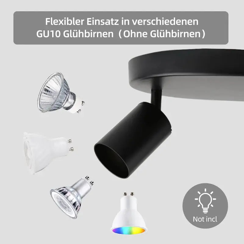 Simples Market GU10 LED spotlight ceiling light with black adjustable fixture; replaceable bulbs shown, not included.