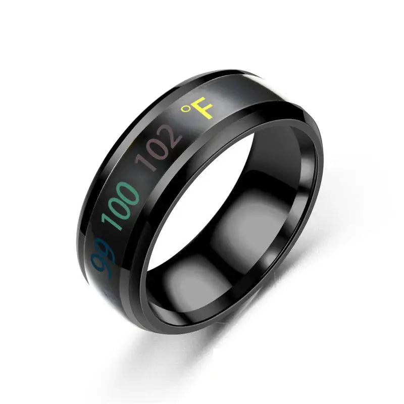Smart stainless steel ring for couples with temperature display on a sleek black band