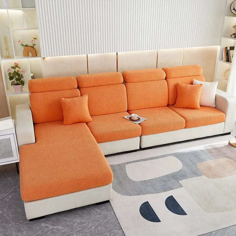 Sofa cushion covers set in orange jacquard for sectional sofa with stretch fit by Simples Market