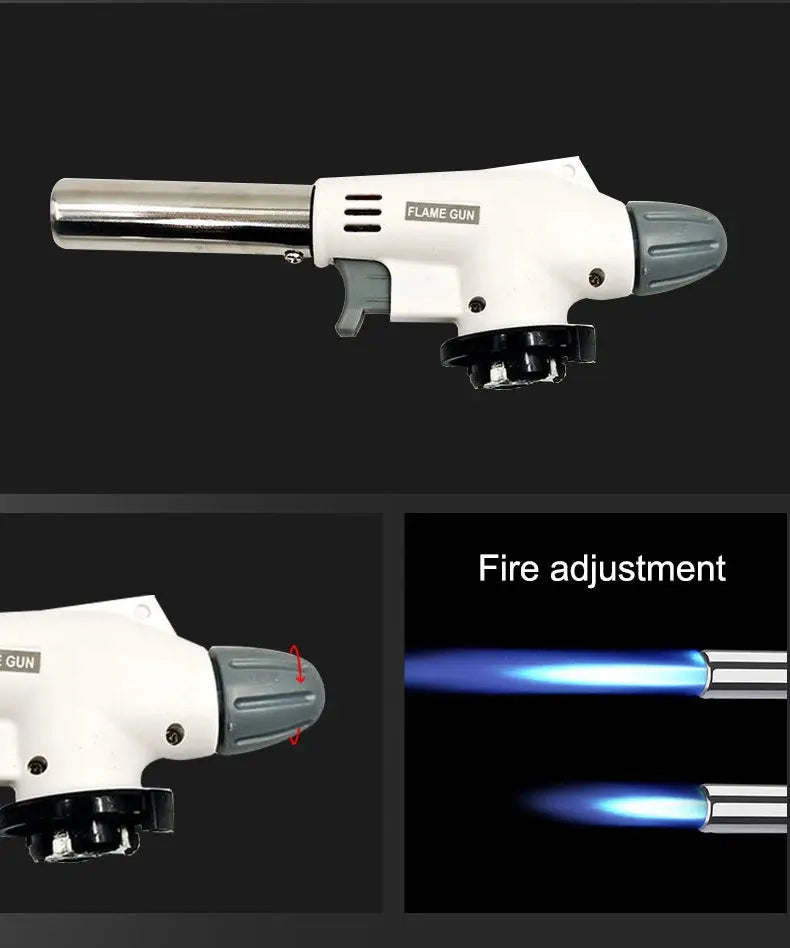 Multifunctional portable flame gun torch burner by Simples Market, white plastic body with metal nozzle and gray knob.