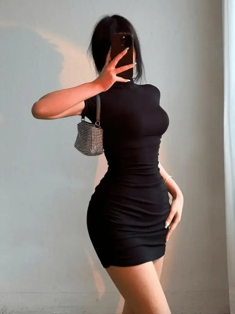Sexy Tight Mini Dress Half High Collar Pleated Waist Bodycon Women