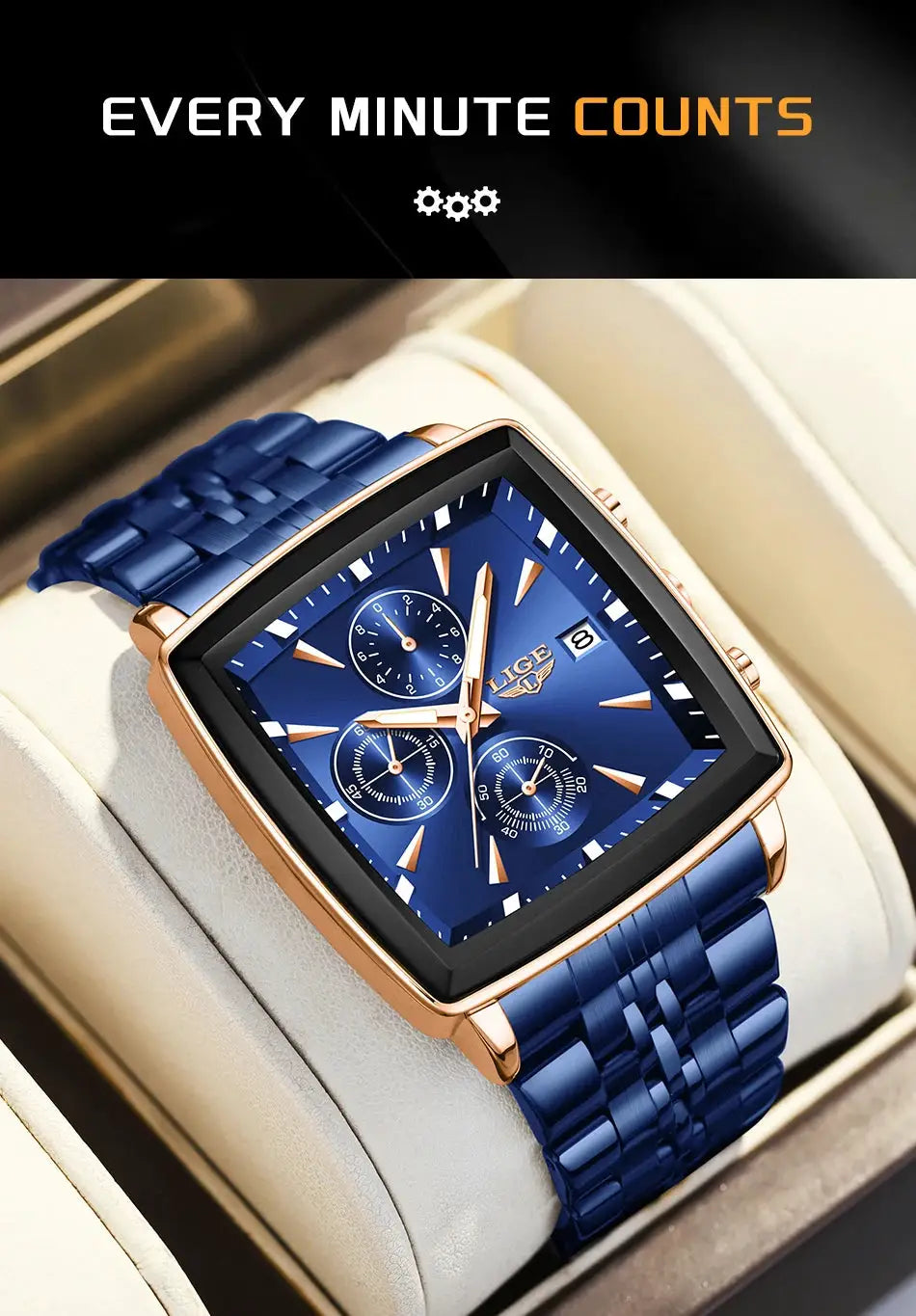 LIGE square blue dial men's wristwatch with rose-gold case and stainless steel band