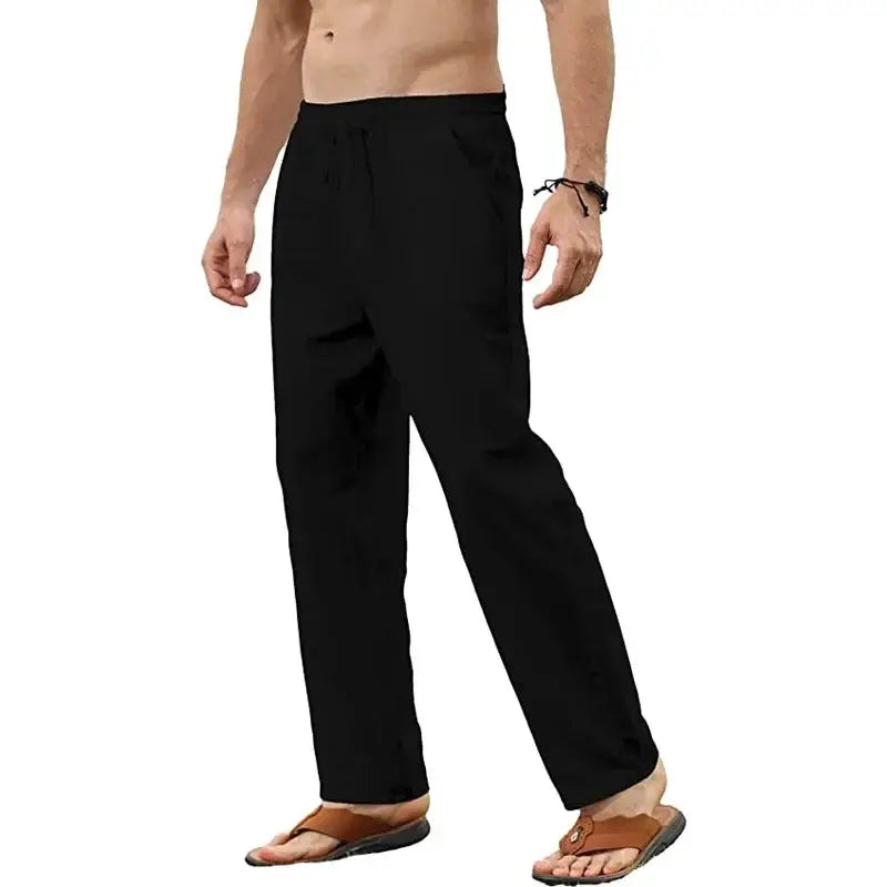 Men's black cotton-linen pants with drawstring waist, loose breathable jogger style.