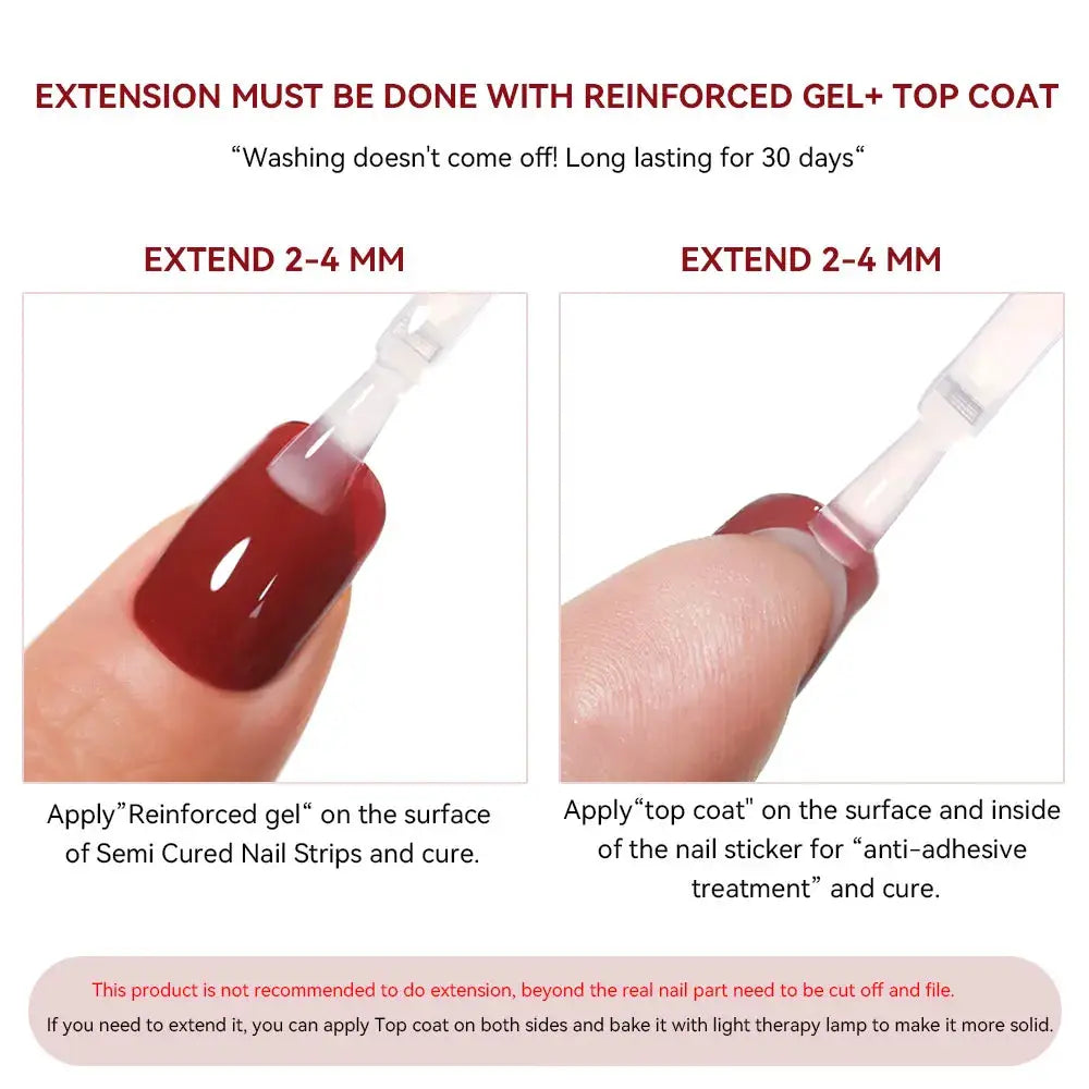 Semi-cured gel nail strips in burgundy, DIY nail stickers shown with extension and top coat steps.