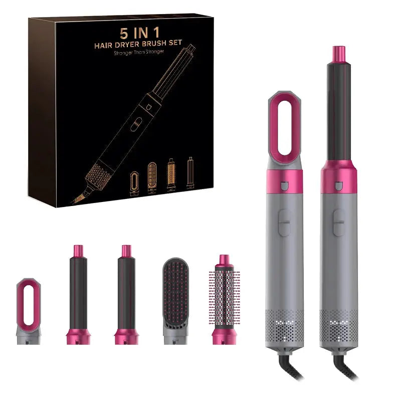 5 in 1 Hair Dryer Brush Set by Simples Market, pink and gray with 5 attachments