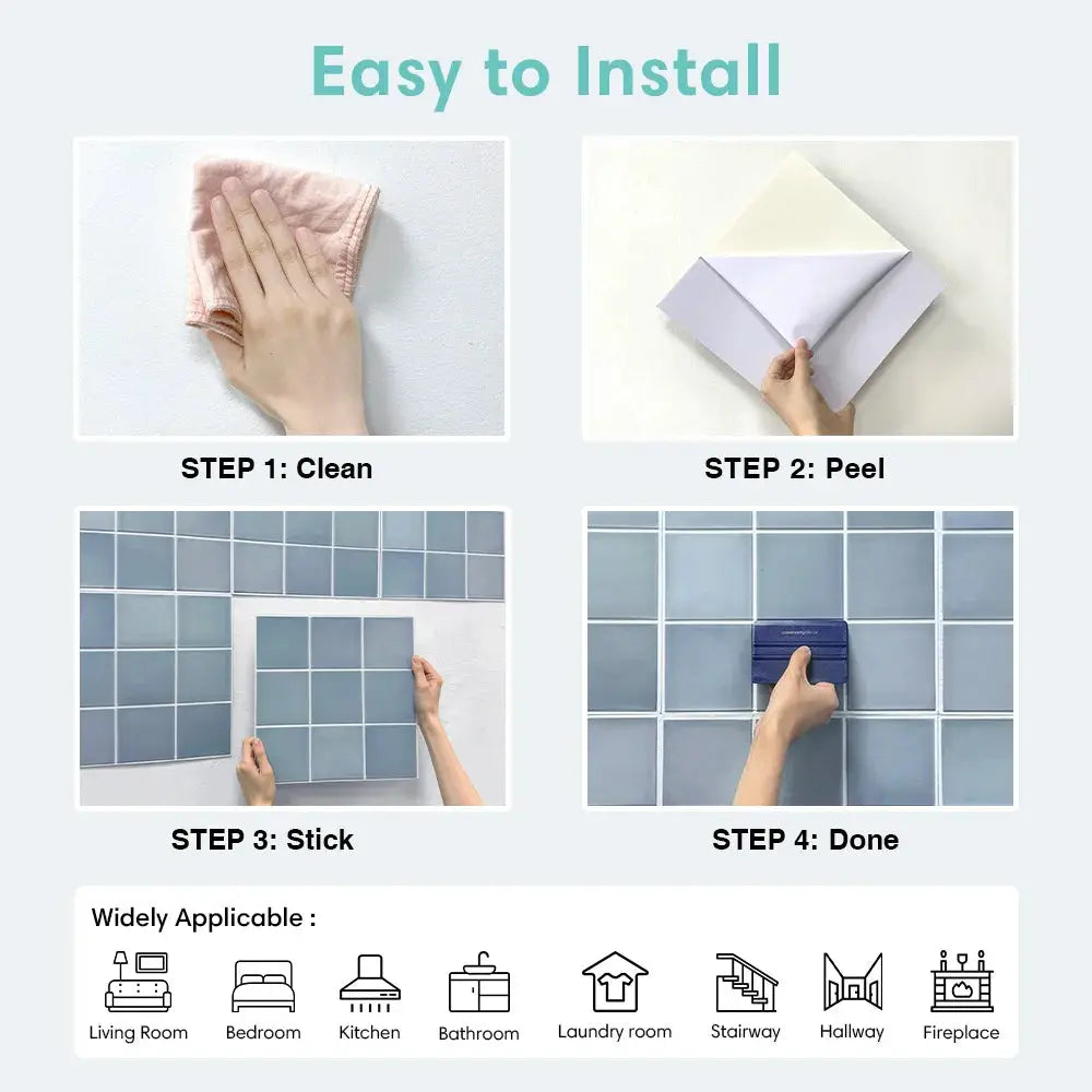 3D decorative tile stickers, self-adhesive wall tiles for kitchen and bath, blue-gray mosaic, water resistant, 30x30 cm.