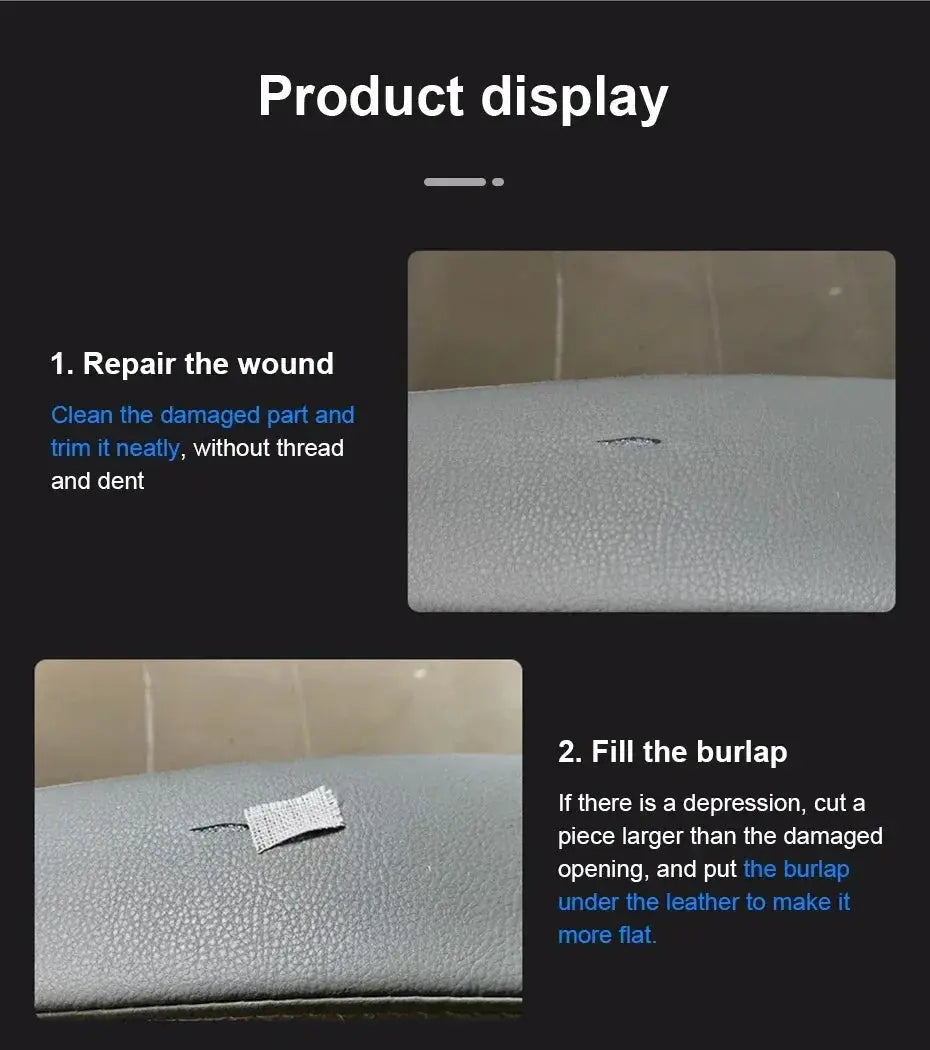 Professional Liquid Leather Repair Kit by Simples Market; gray leather surface with small scratch shown in step-by-step demo