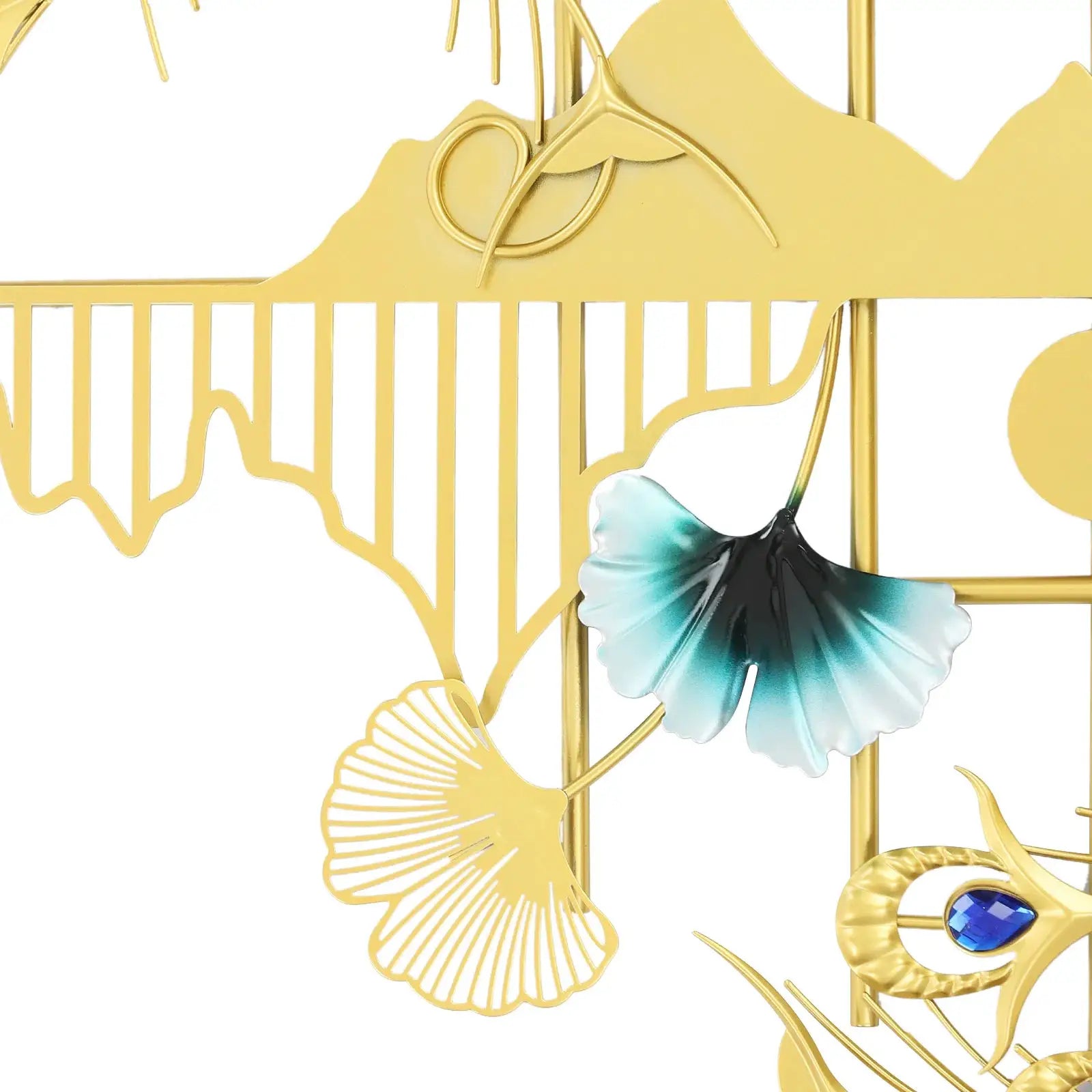 Large peacock wall clock in gold iron art with blue-green butterfly accent and rhinestones