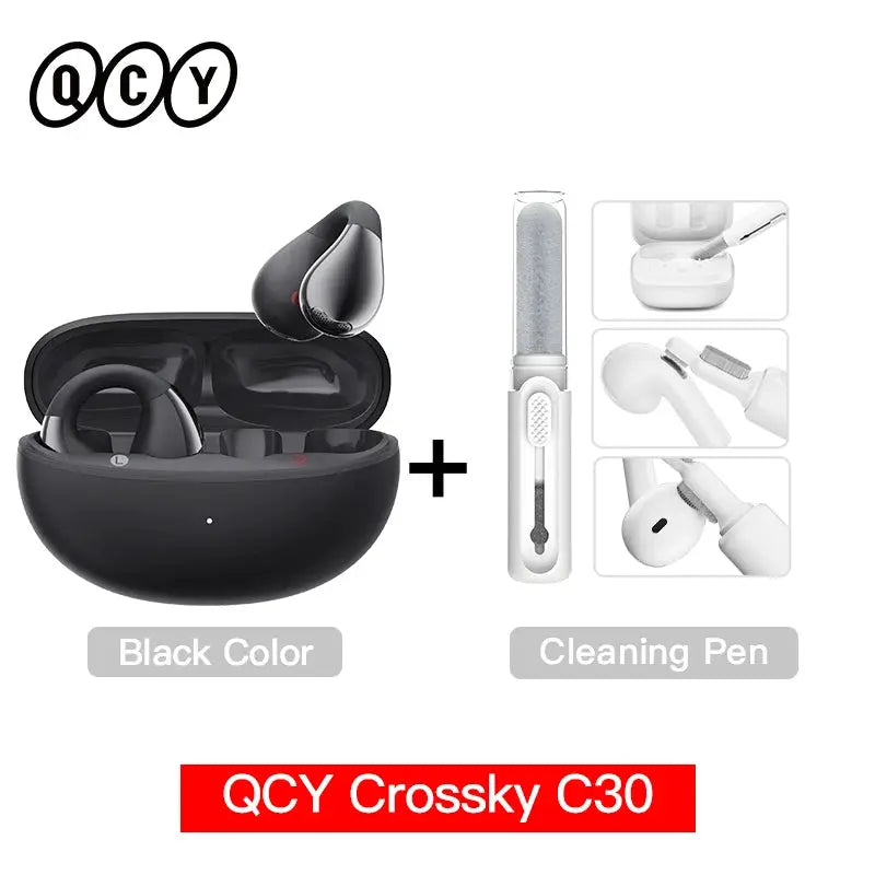 QCY Crossky C30 ear clip wireless earbuds in black with cleaning pen 2-piece set