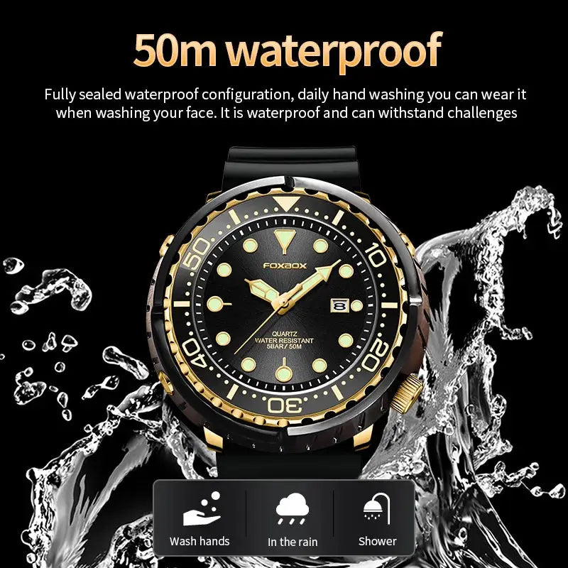 LIGE men's diver watch by Simples Market, black dial with gold bezel, date window, 50ATM waterproof