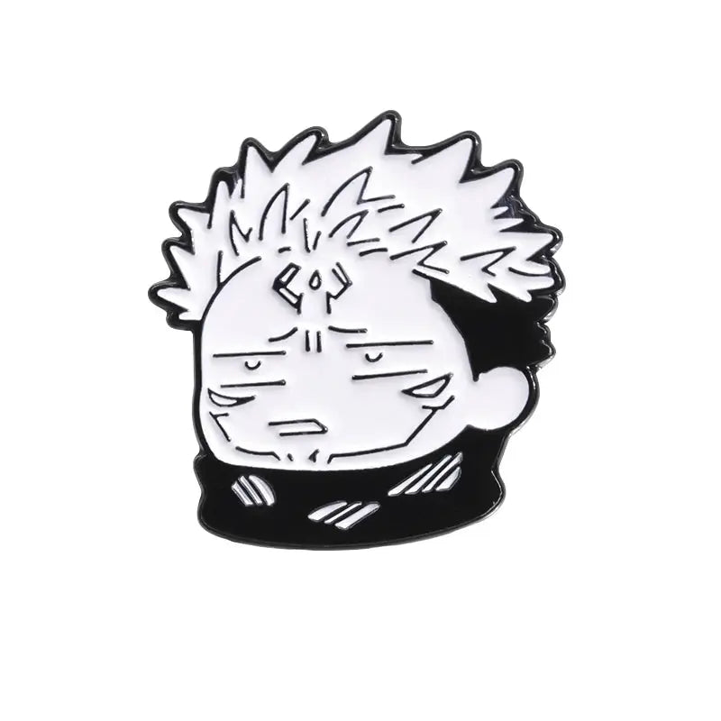 Cartoon anime enamel pin featuring a calm face with spiky white hair, black outline