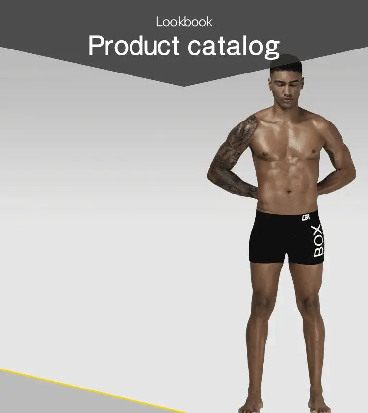Men's black boxer shorts with white vertical logo on the left leg.