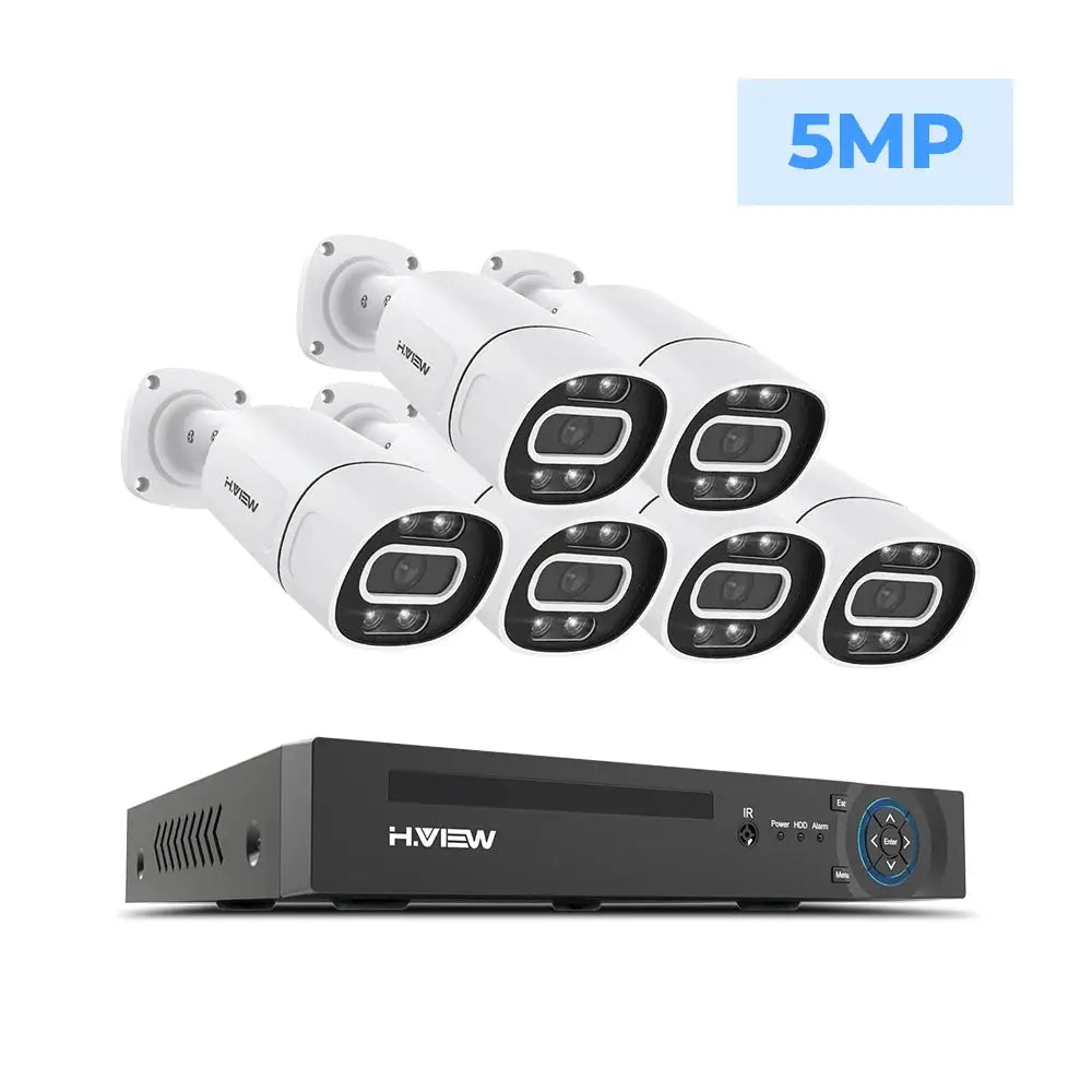 H.VIEW 8-channel PoE CCTV security kit with six white outdoor IP cameras and a black NVR