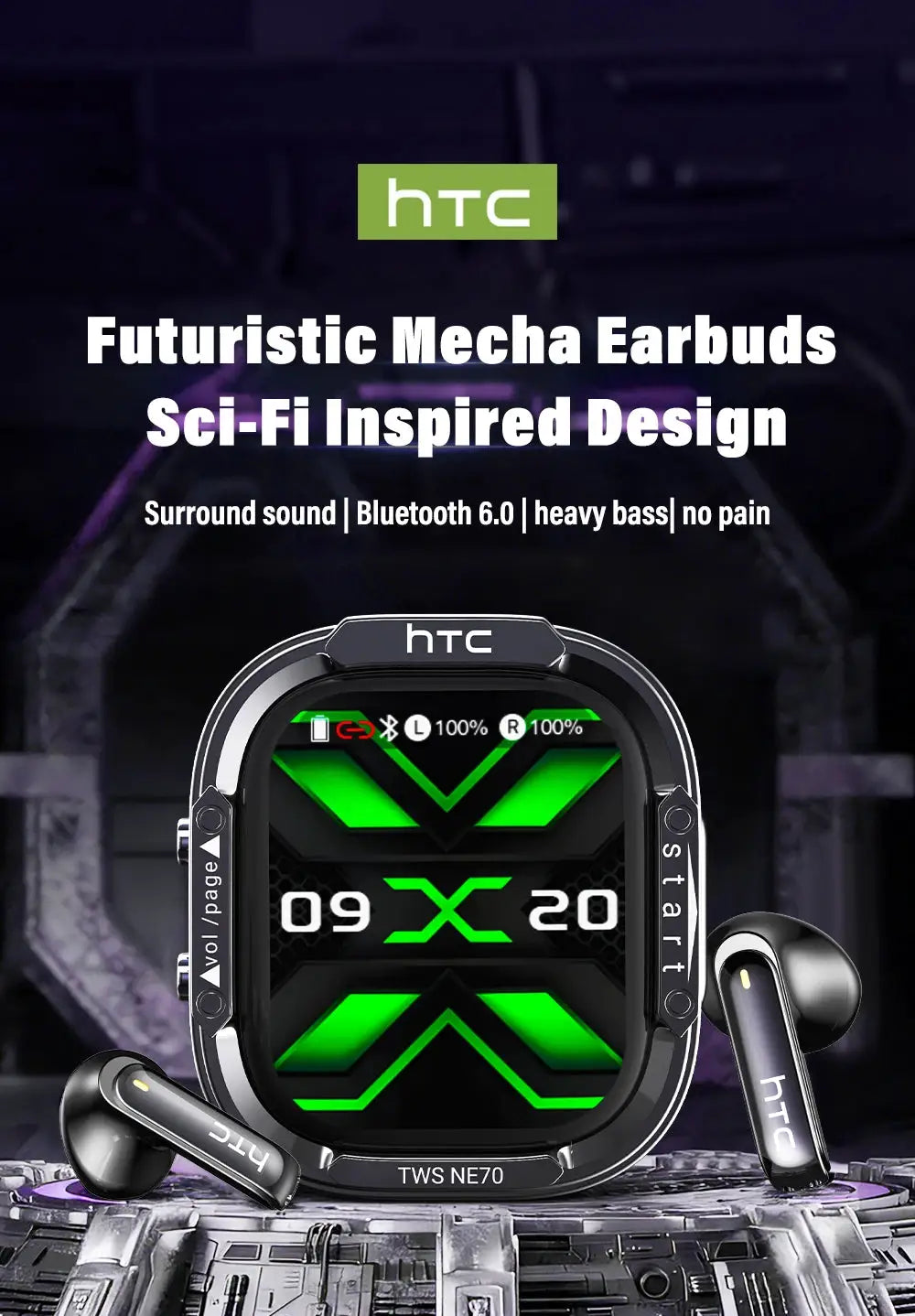 HTC TWS NE70 wireless earbuds with neon green display on a square black device; two earbuds shown
