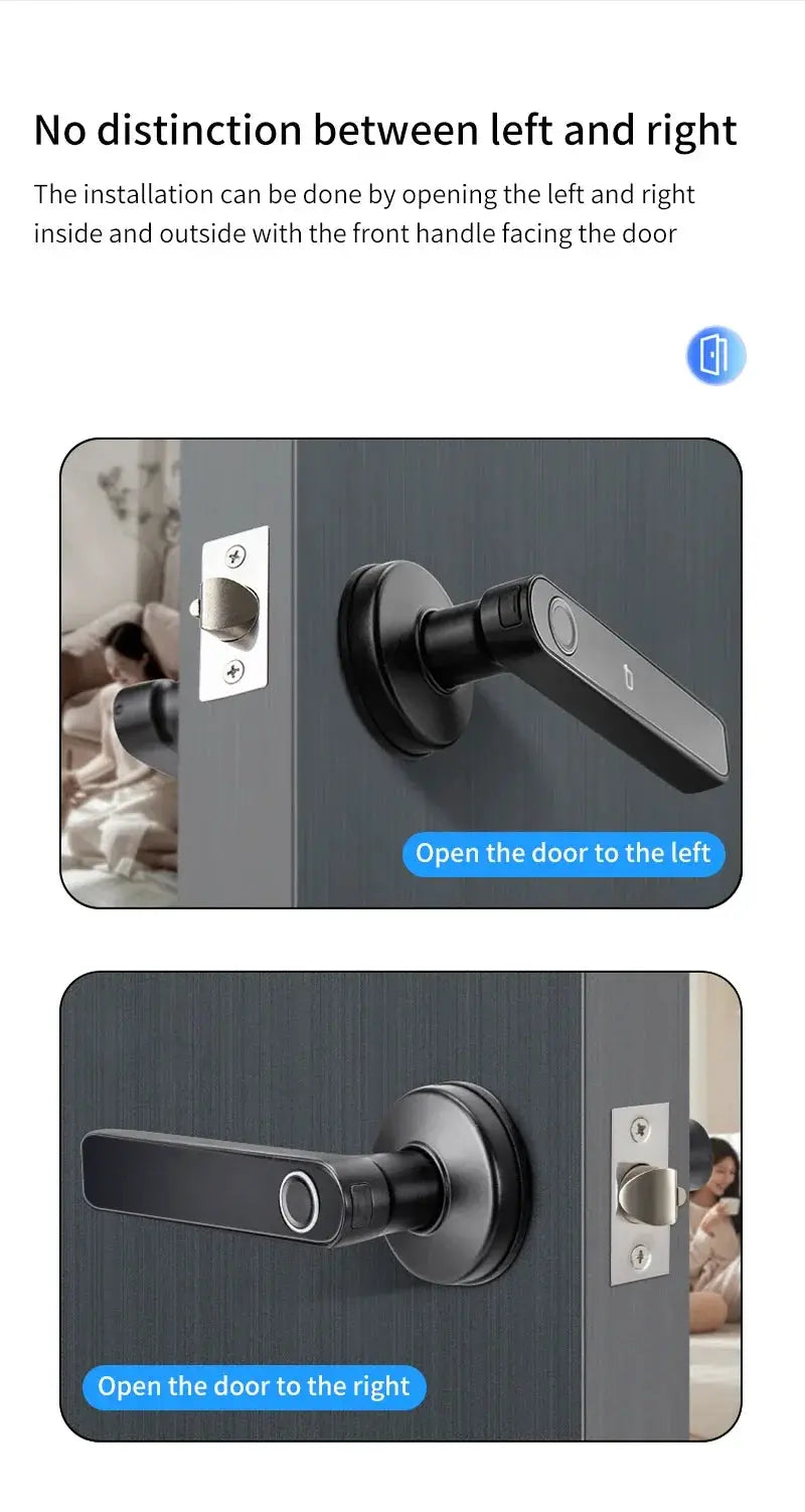 Smart door lock handle by Simples Market with Bluetooth fingerprint for wooden doors; two left/right opening views
