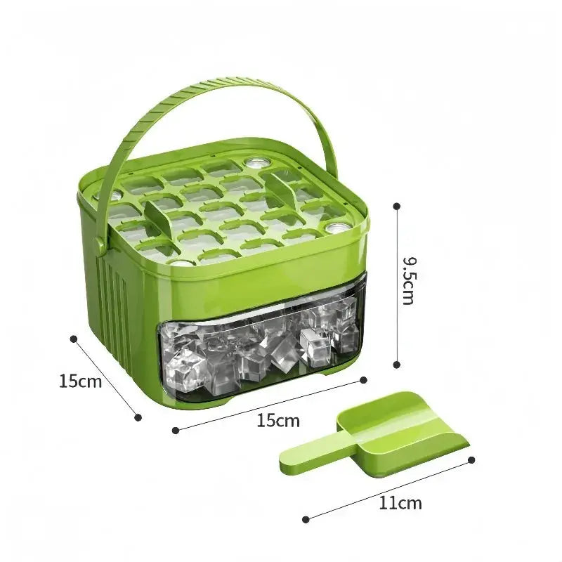 Simples Market 50-grid press-type ice cube mold with lid, green double-layer tray with built-in ice storage and scoop.