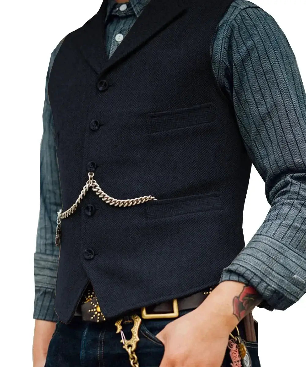 Wool tweed waistcoat vest for men by Simples Market in dark navy with chain watch fob