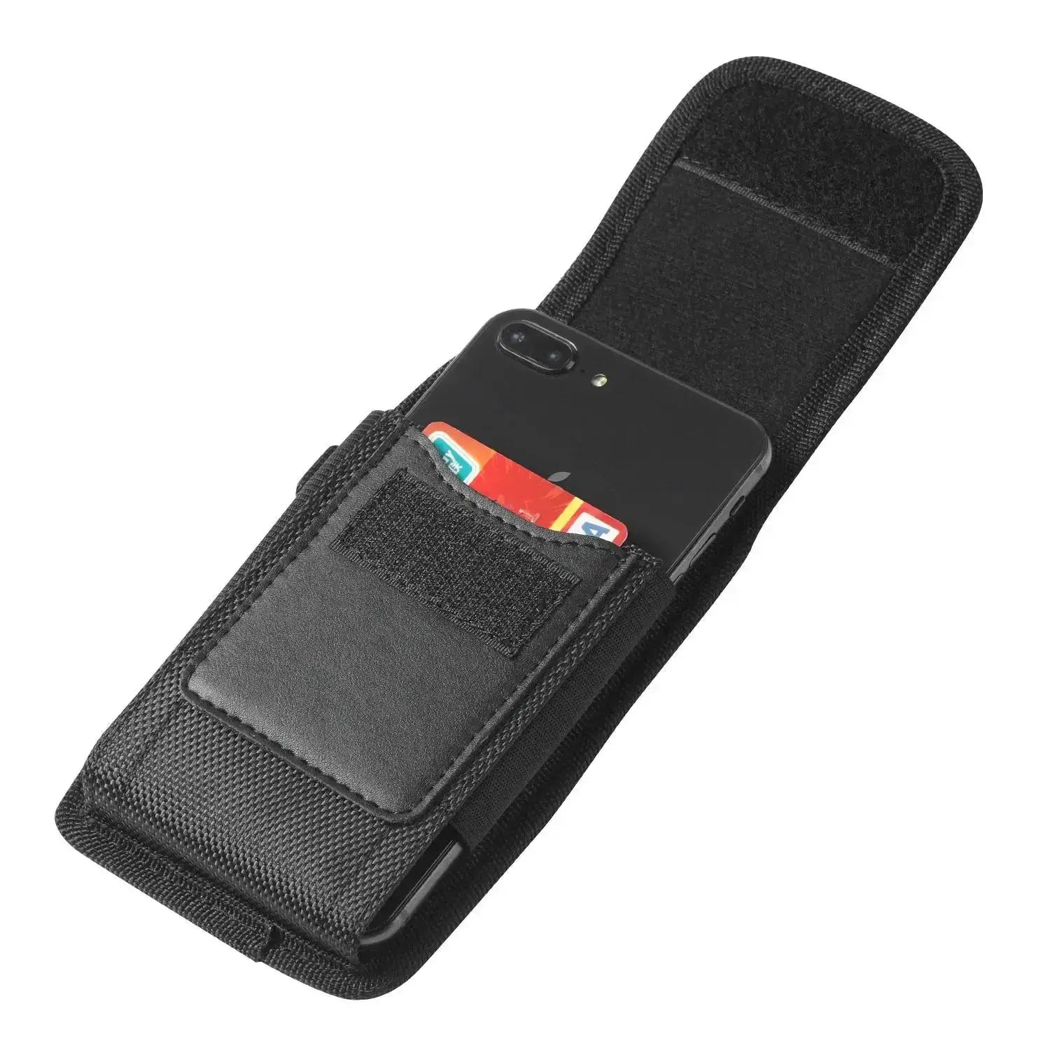 Mobile phone waist bag by Simples Market, black nylon holster with belt loop, holds smartphone and cards