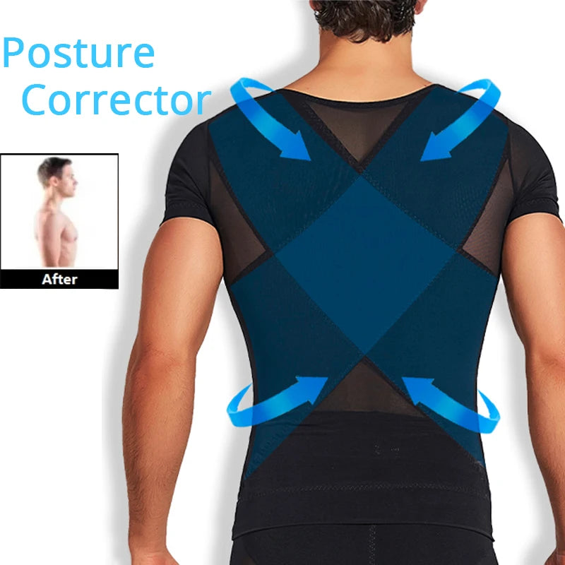 Black mesh body shaper undershirt with short sleeves and blue back compression panels