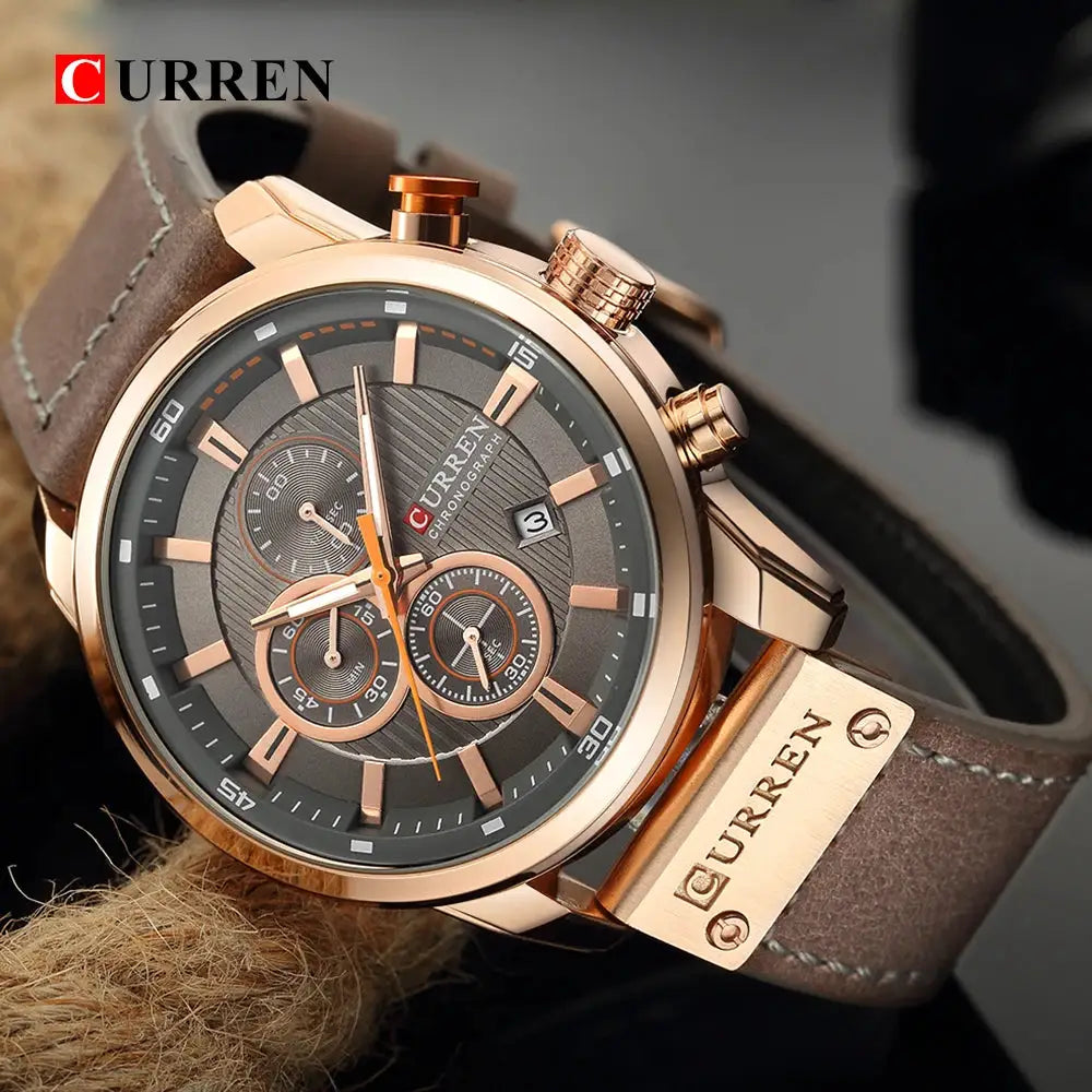 Curren mens quartz chronograph watch with rose gold case and brown leather strap