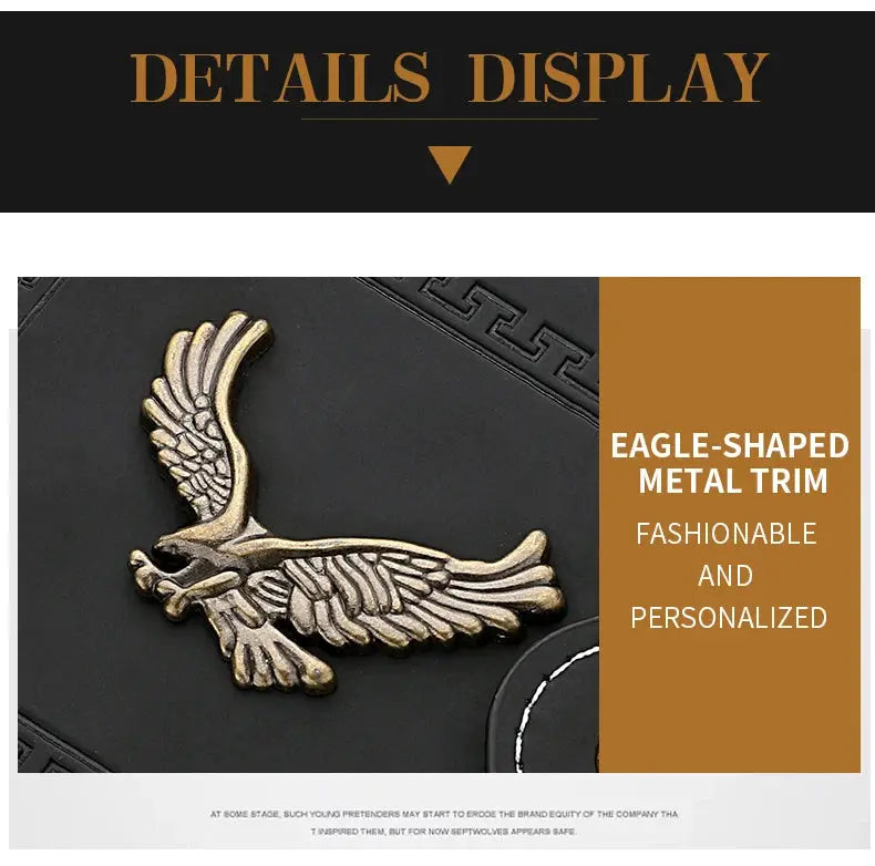 Men's PU leather short wallet with eagle-shaped metal trim; black with gold-tone hardware.