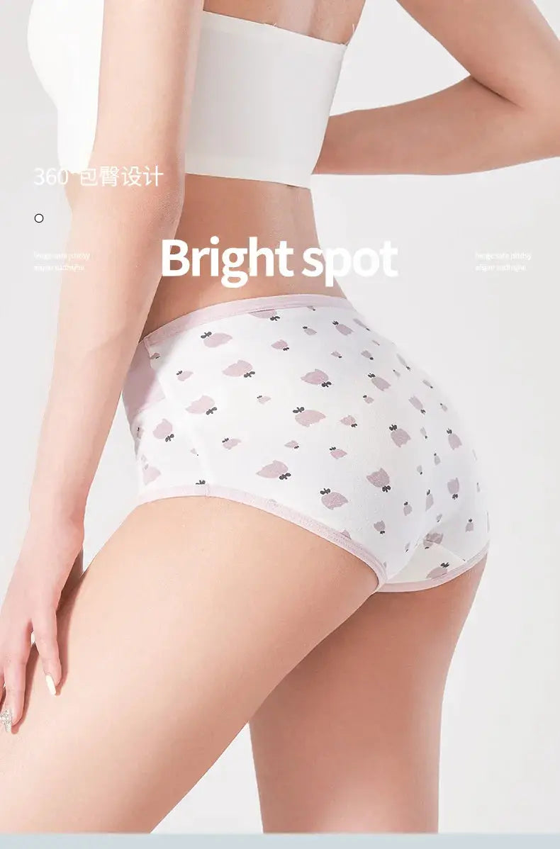 Cotton women’s panties with pink print on white fabric; breathable high-rise briefs.