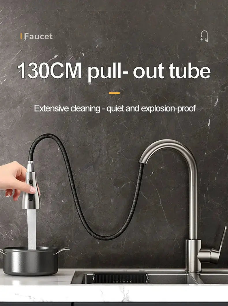 Simples Market stainless steel kitchen pull-out faucet with 130 cm hose, hot and cold, retractable spray