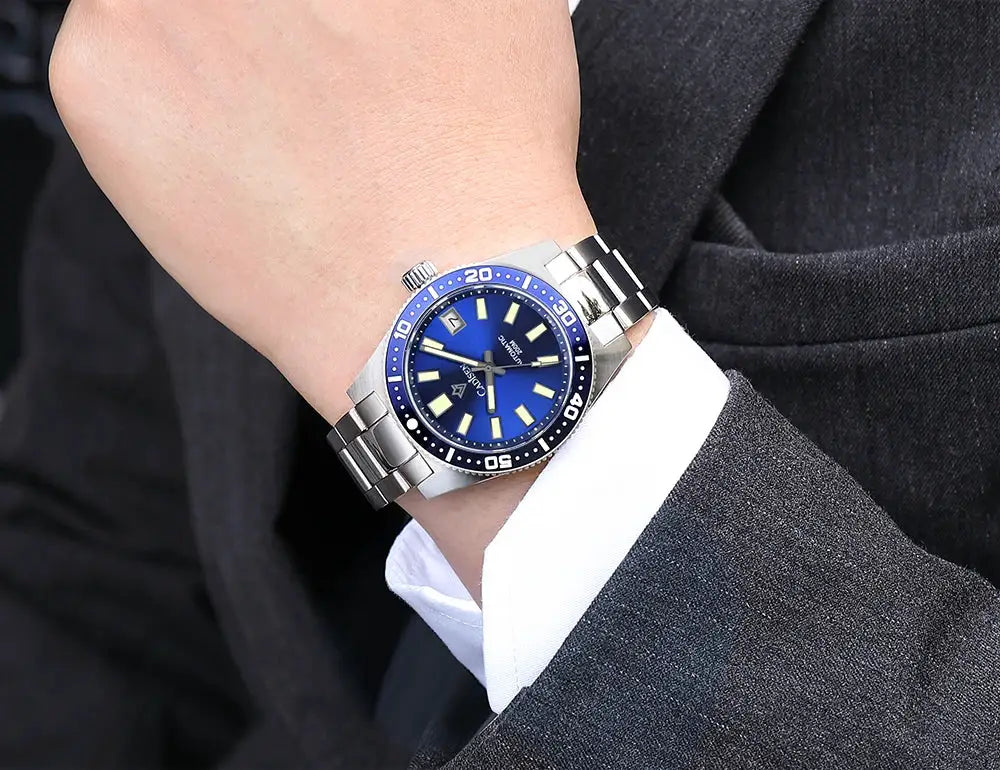 CADISEN 38mm diver men's watch with blue dial and blue bezel on stainless steel bracelet